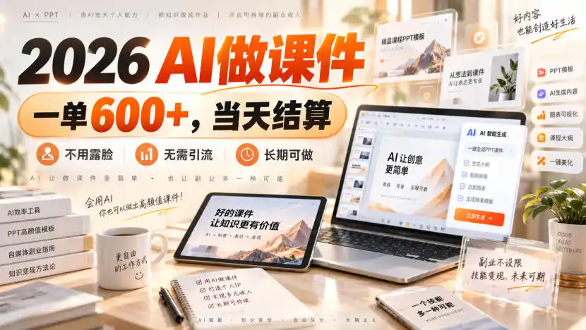 2026 AI做课件，一单600+，当天结算，不用露脸，无需引流，长期可做【揭秘】-天梦资源网