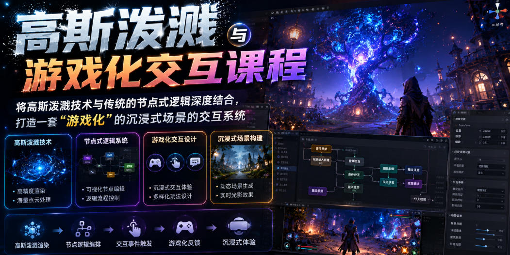 高斯泼溅与游戏化交互课程，将高斯泼溅技术与传统的节点式逻辑深度结合，打造一套“游戏化”的沉浸式场景的交互系统-天梦资源网