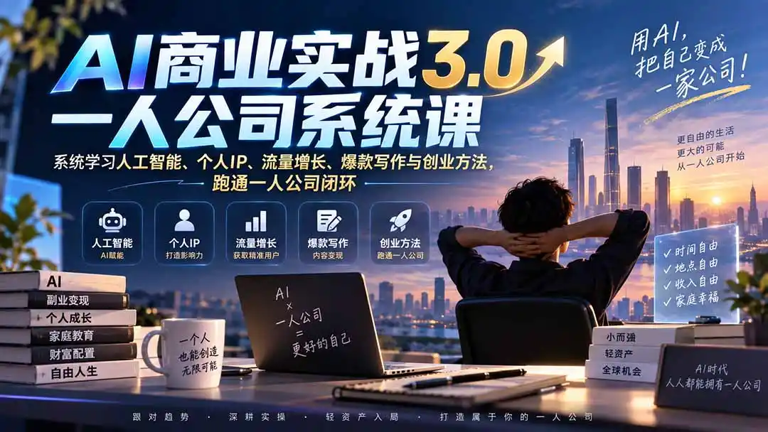 AI商业实战3.0一人公司系统课：系统学习人工智能、个人IP、流量增长、爆款写作与创业方法，跑通一人公司闭环-天梦资源网