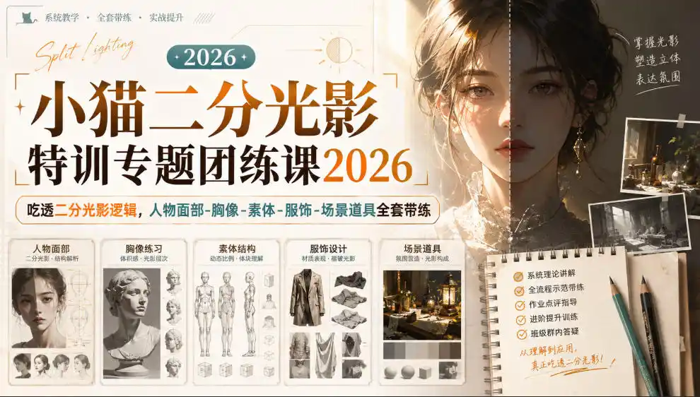 小猫二分光影特训专题团练课2026｜吃透二分光影逻辑，人物面部‑胸像‑素体‑服饰‑场景道具全套带练，高清画质附赠课件与笔刷-天梦资源网