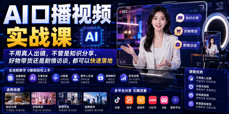 AI口播视频实战课，不用真人出镜，不管是知识分享、好物带货还是剧情访谈，都可以快速落地-天梦资源网