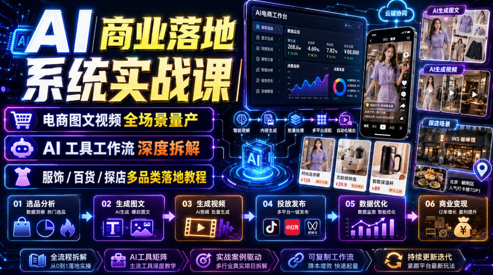 AI商业落地系统实战课｜电商图文视频全场景量产・AI工具工作流深度拆解・服饰/百货/探店多品类落地教程-天梦资源网