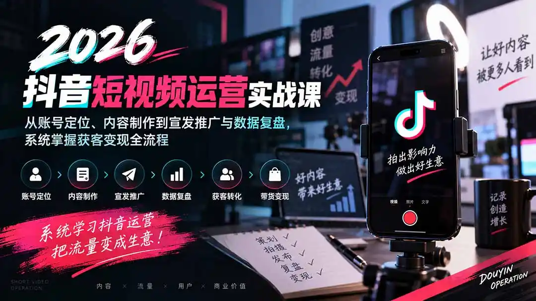 2026抖音短视频运营实战课：从账号定位、内容制作到宣发推广与数据复盘，系统掌握获客变现全流程-天梦资源网