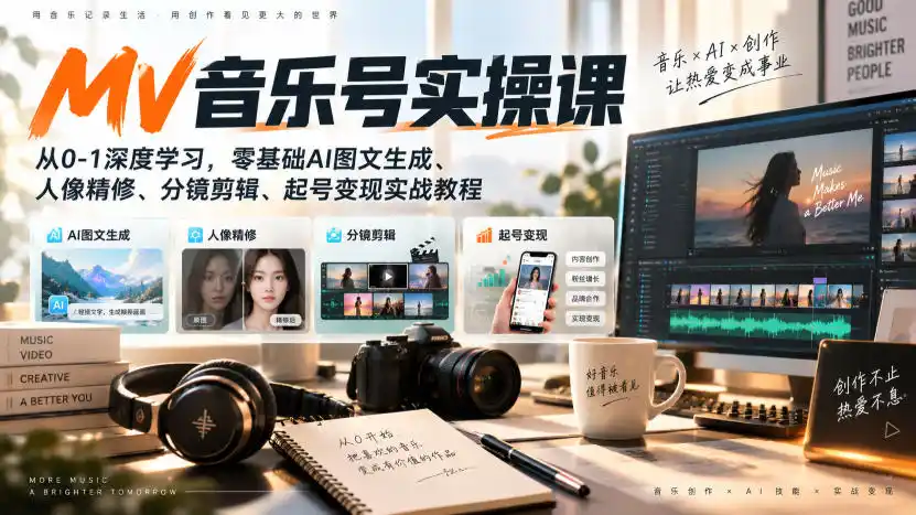 AI MV音乐号实操课，从0-1深度学习，零基础AI图文生成、人像精修、分镜剪辑、起号变现实战教程-天梦资源网
