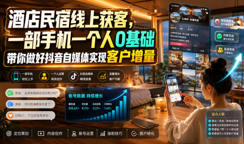 酒店民宿线上获客，一部手机一个人0基础带你做好抖音自媒体实现客户增量-天梦资源网