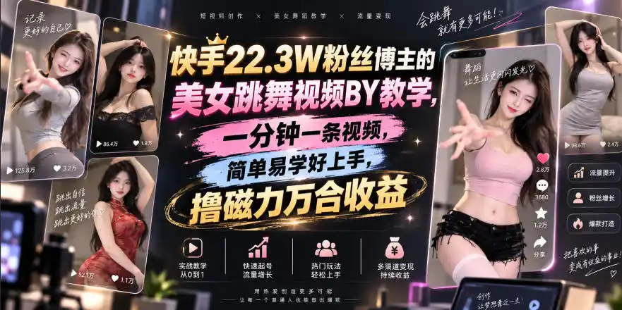 快手22.3W粉丝博主的美女跳舞视频搬运教学，快手MT搬运，一分钟一条视频，简单易学好上手，撸磁力万合收益-天梦资源网