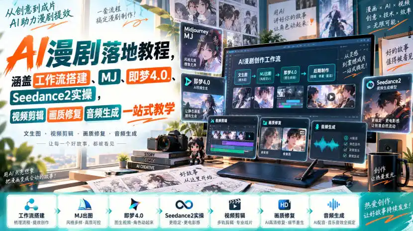 AI漫剧落地教程，涵盖工作流搭建、MJ、即梦4.0、Seedance2实操，视频剪辑画质修复音频生成一站式教学-天梦资源网