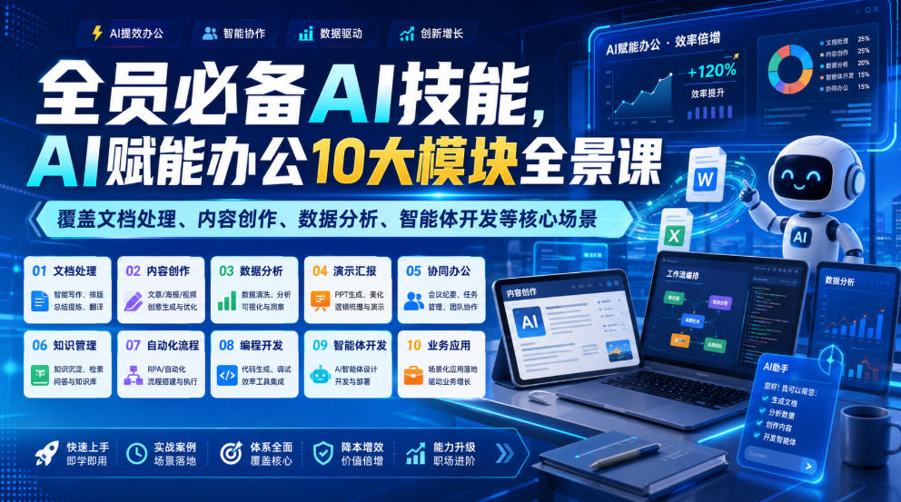 全员必备AI技能，AI赋能办公10大模块全景课，覆盖文档处理、内容创作、数据分析、智能体开发等核心场景-天梦资源网