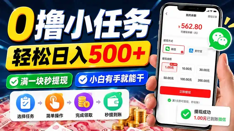 0撸小任务，轻松日入500+，满一块秒提现，小白有手就能干-天梦资源网