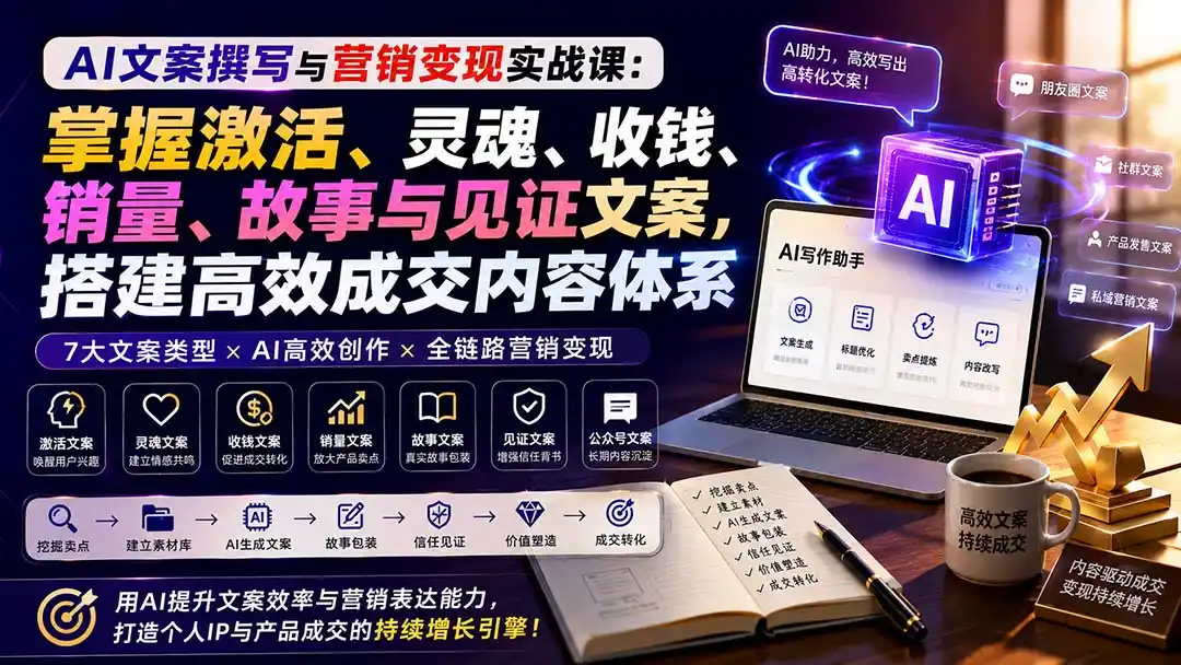 AI文案撰写与营销变现实战课：掌握激活、灵魂、收钱、销量、故事与见证文案，搭建高效成交内容体系-天梦资源网