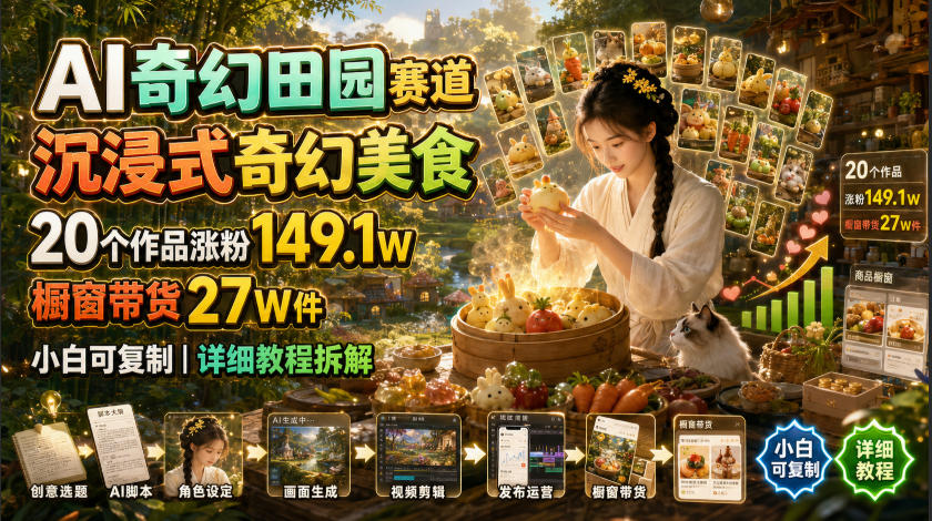 AI奇幻田园赛道，沉浸式奇幻美食，20个作品涨粉149.1W，橱窗带货27W件，小白可复制，详细教程拆解-天梦资源网