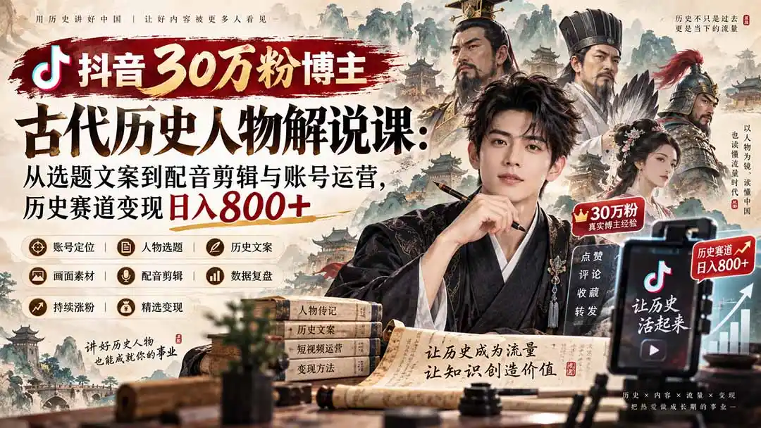抖音30万粉博主古代历史人物解说课：从选题文案到配音剪辑与账号运营，历史赛道变现日入800+-天梦资源网