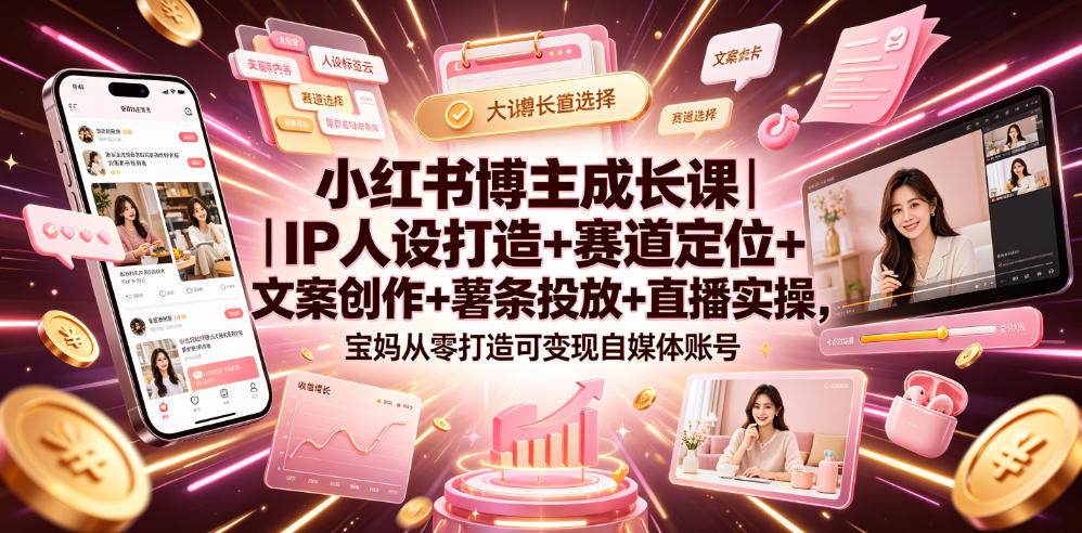 小红书博主成长课｜IP人设打造+赛道定位+文案创作+薯条投放+直播实操，宝妈从零打造可变现自媒体账号-天梦资源网