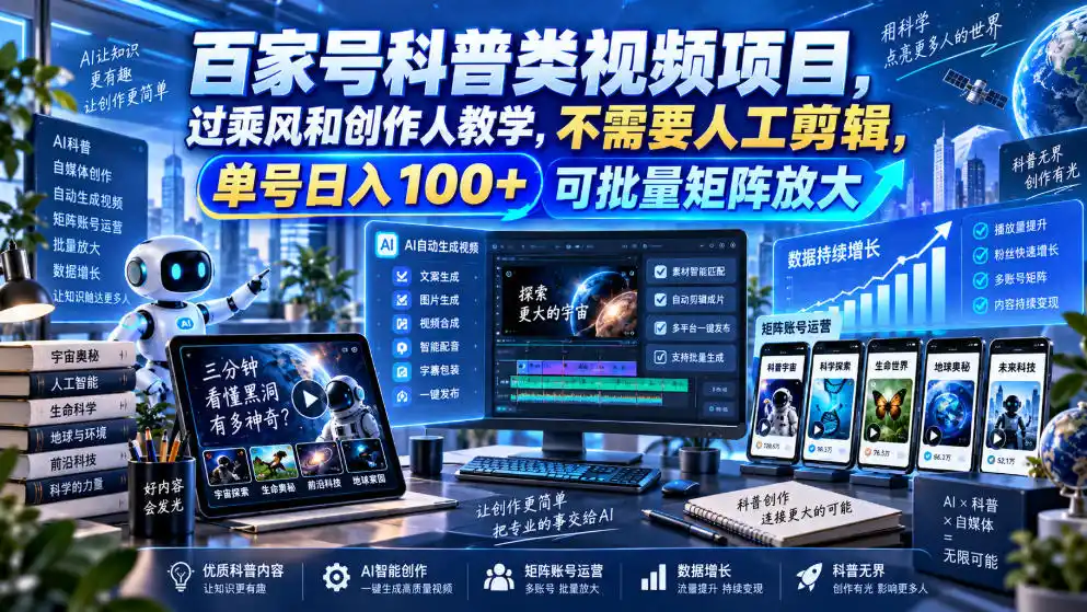 百家号科普类视频项目，过乘风和创作人教学，不需要人工剪辑，单号日入100+可批量矩阵放大-天梦资源网