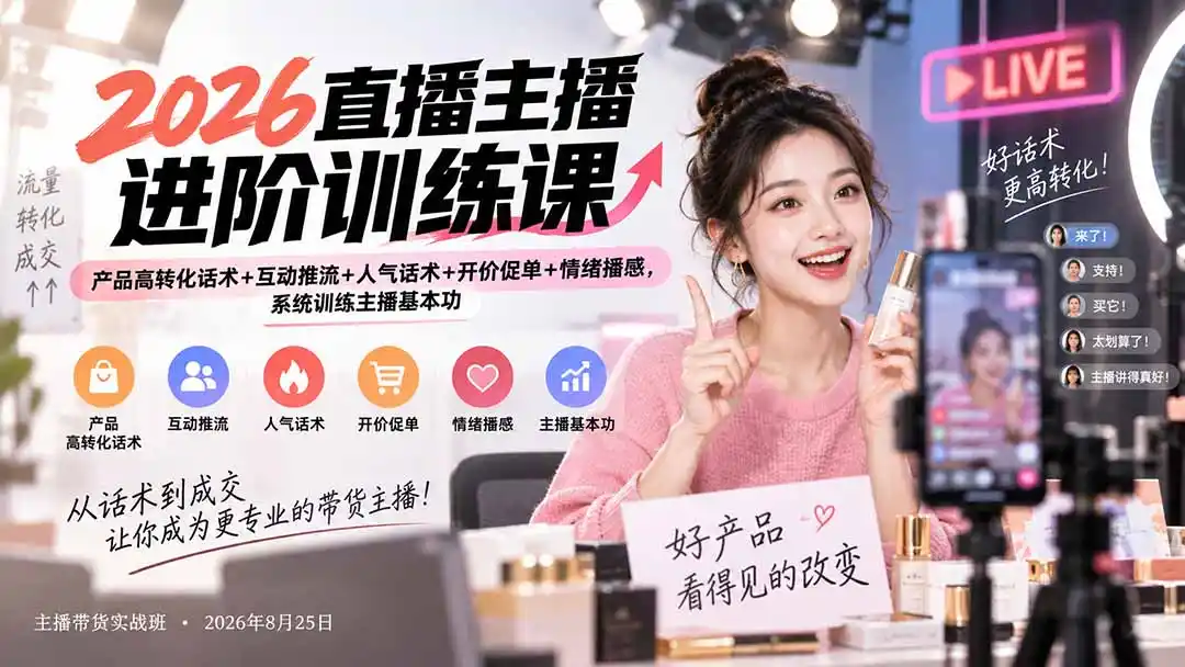 2026直播主播进阶训练课：产品高转化话术+互动推流+人气话术+开价促单+情绪播感，系统训练主播基本功-天梦资源网