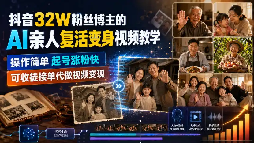 抖音32W粉丝博主的AI亲人复活变身视频教学，操作简单，起号涨粉快，可收徒接单代做视频变现-天梦资源网