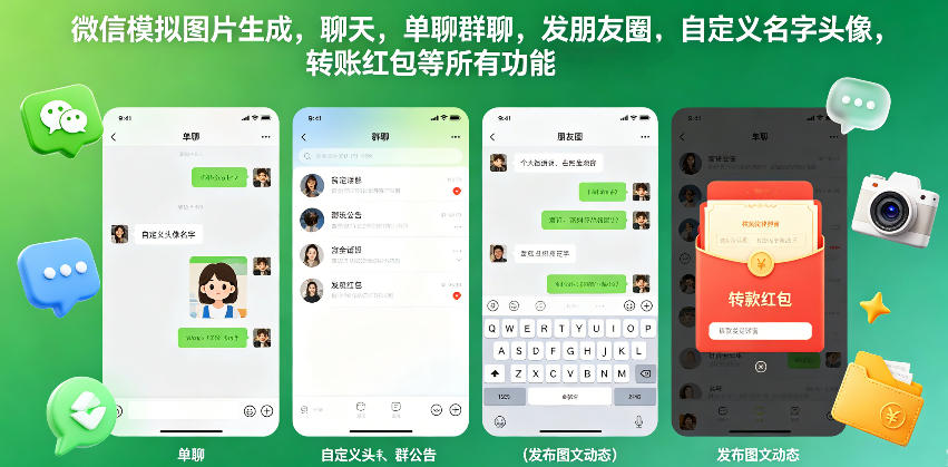 微信模拟图片生成，聊天，单聊群聊，发朋友圈，自定义名字头像，转账红包等所有功能都可以生成-天梦资源网