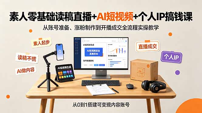 素人零基础读稿直播+AI短视频+个人IP搞钱课，从账号准备、涨粉制作到开播成交全流程实操教学-天梦资源网