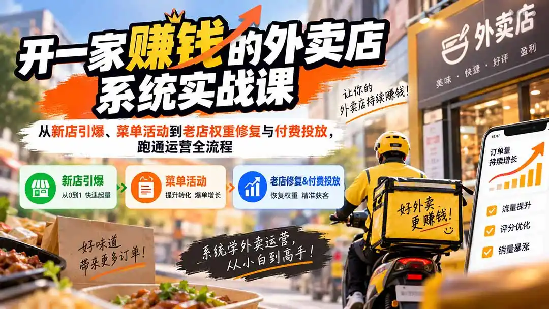 开一家赚钱的外卖店系统实战课：从新店引爆、菜单活动到老店权重修复与付费投放，跑通运营全流程-天梦资源网
