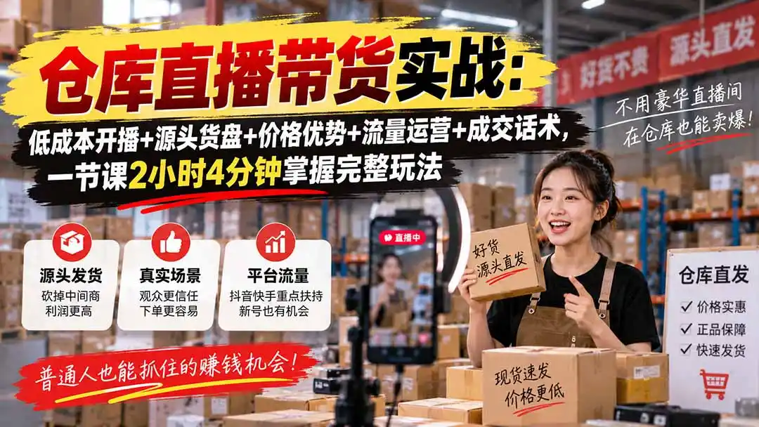 仓库直播带货实战：低成本开播+源头货盘+价格优势+流量运营+成交话术，一节课2小时4分钟掌握完整玩法-天梦资源网