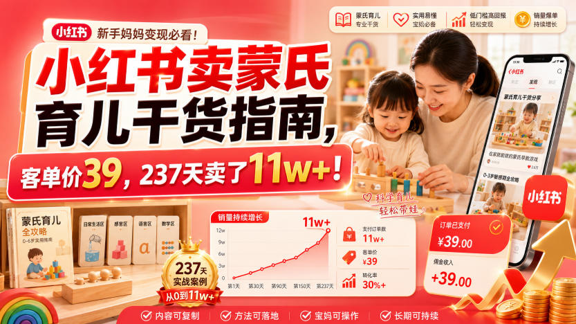 小红书卖蒙氏育儿干货指南，客单价39，237天卖了11w+！-天梦资源网