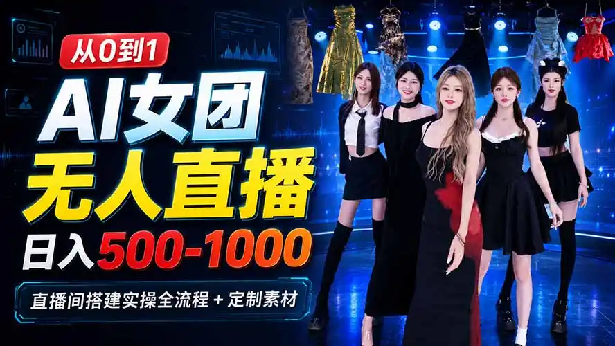 AI 女团无人直播，躺入500-1000每天，直播间搭建实操全流程+定制素材-天梦资源网