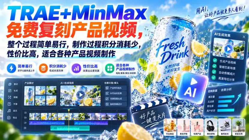 TRAE+MinMax免费复刻产品视频，整个过程简单易行，制作过程积分消耗少，性价比高，适合各种产品视频制作-天梦资源网