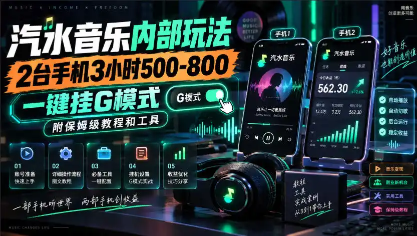 汽水音乐内部玩法，2台手机3小时500-800，一键挂G模式，附保姆级教程和工具【揭秘】-天梦资源网
