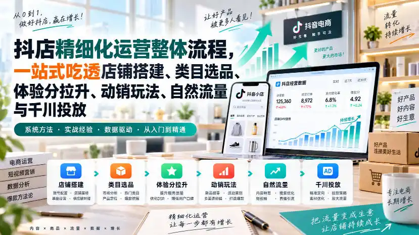 李哥电商-抖店精细化运营整体流程，一站式吃透店铺搭建、类目选品、体验分拉升、动销玩法、自然流量与千川投放-天梦资源网