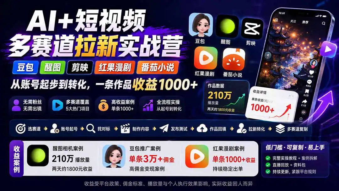 AI+短视频多赛道拉新实战营：豆包+醒图+剪映+红果漫剧+番茄小说，从账号起步到转化，一条作品收益1000+-天梦资源网