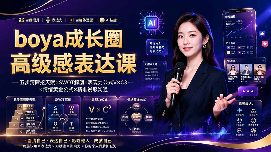 boya成长圈｜内心成长高级表达AI自媒体三合一，消解内耗挖掘天赋，镜头沟通AI指令短视频全流程教学-天梦资源网