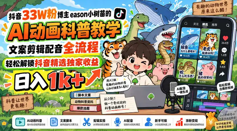 抖音33W粉博主eason小树苗的AI动画科普教学，文案剪辑配音全流程，轻松解锁抖音精选独家收益，日入1k+-天梦资源网