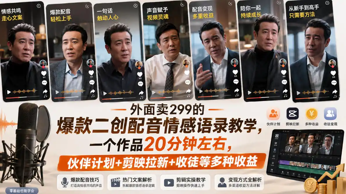 外面卖299的爆款二创配音情感语录教学，一个作品20分钟左右，伙伴计划+剪映拉新+收徒等多种收益-天梦资源网