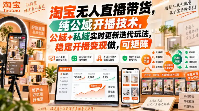 淘宝无人直播带货，纯公域开播技术，公域+私域实时更新迭代玩法，稳定开播变现做，可矩阵【揭秘】-天梦资源网
