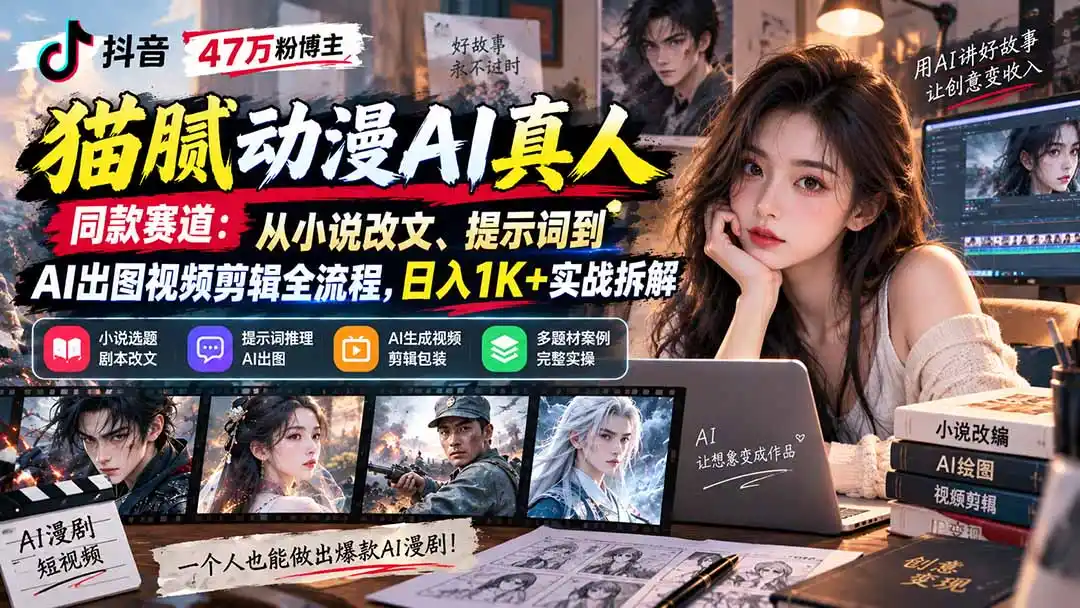 抖音47万粉博主猫腻动漫AI真人同款赛道：从小说改文、提示词到AI出图视频剪辑全流程，日入1K+实战拆解-天梦资源网