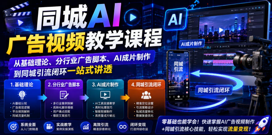 同城AI广告视频教学课程，从基础理论、分行业广告脚本、AI成片制作到同城引流闭环一站式讲透-天梦资源网