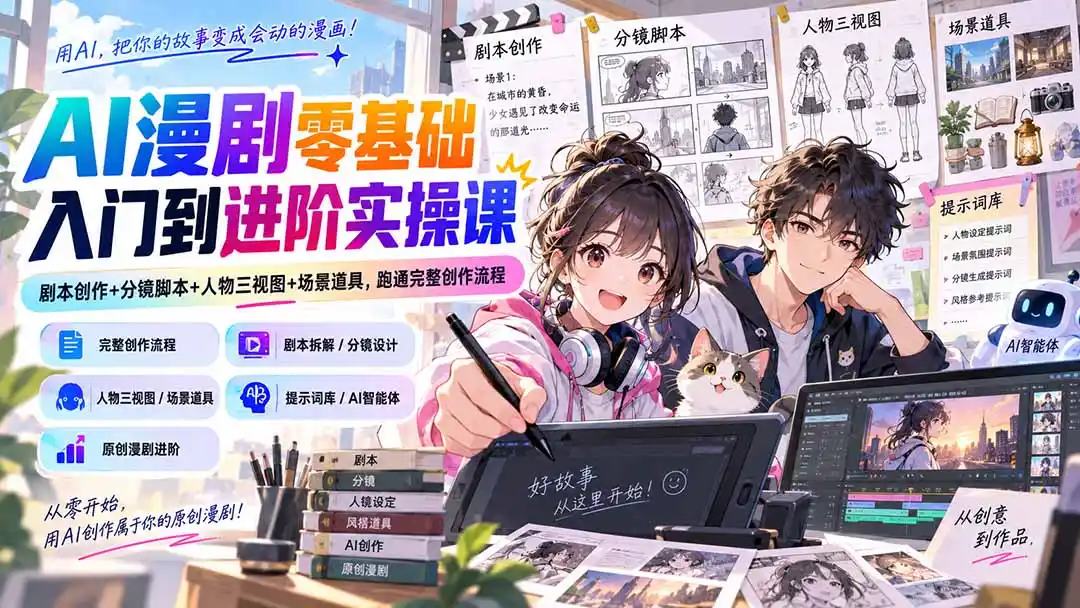 AI漫剧零基础入门到进阶实操课：剧本创作+分镜脚本+人物三视图+场景道具，跑通完整创作流程-天梦资源网