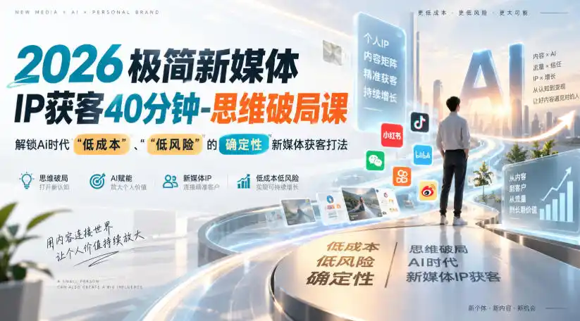 2026极简新媒体IP获客40分钟-思维破局课，解锁Ai时代“低成本”、“低风险”的确定性新媒体获客打法-天梦资源网