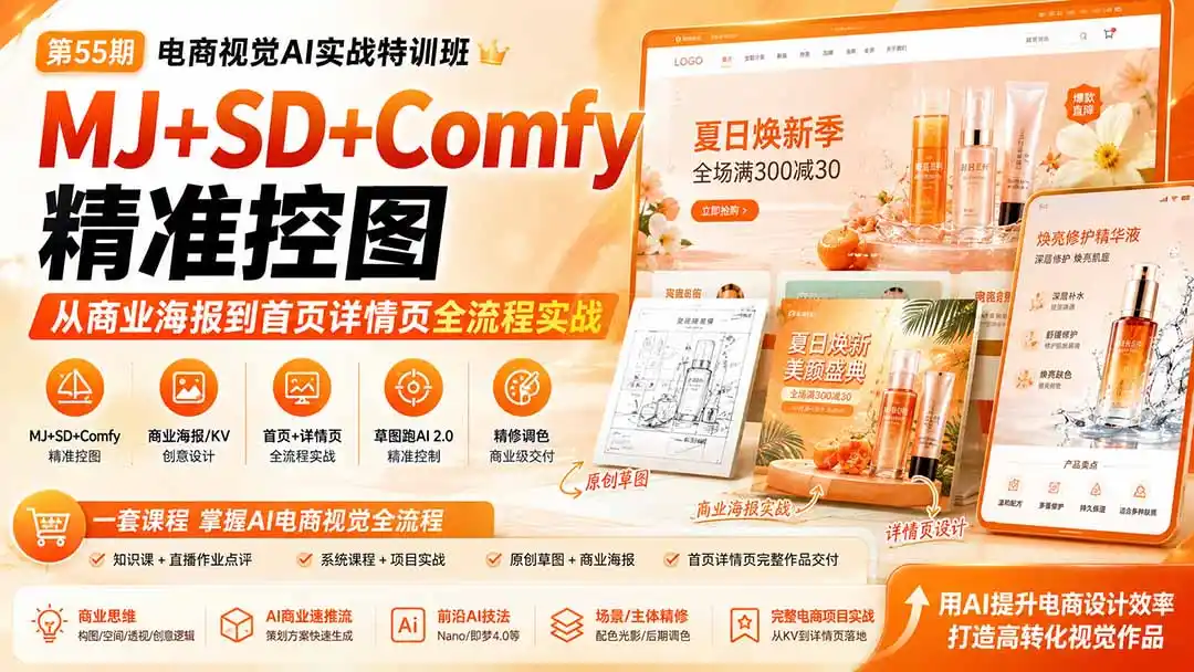电商视觉 AI实战训练营第55期：MJ+SD+Comfy精准控图，从商业海报到首页详情页全流程实战-天梦资源网