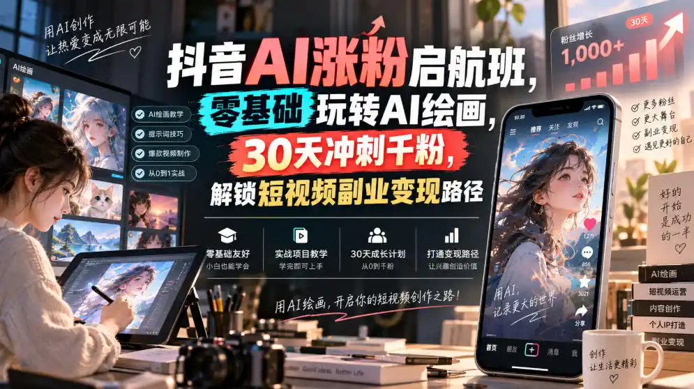 抖音AI涨粉启航班，零基础玩转AI绘画，30天冲刺千粉，解锁短视频副业变现路径-天梦资源网
