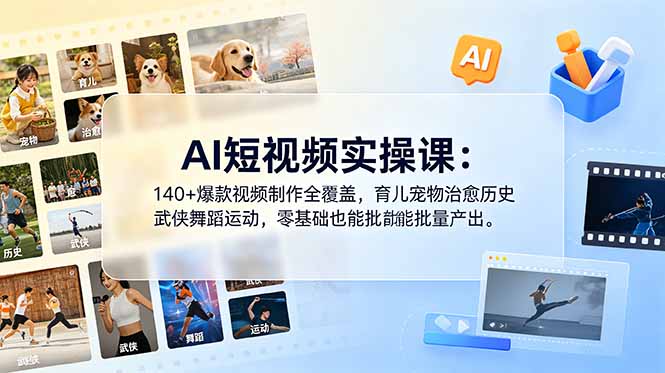 AI短视频实操课：140+爆款视频制作全覆盖，育儿宠物治愈历史武侠舞蹈运动，零基础也能批量产出-天梦资源网