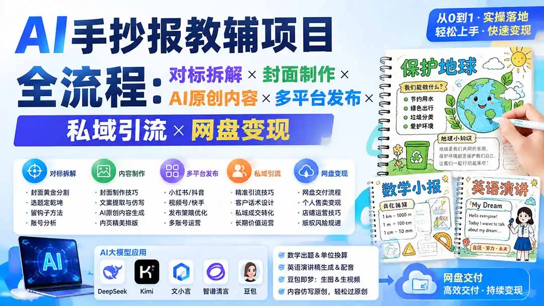 AI手抄报教辅项目全流程：对标拆解×封面制作×AI原创内容×多平台发布×私域引流×网盘变现-天梦资源网