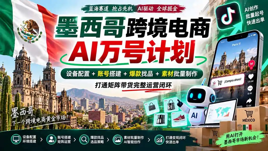 墨西哥AI跨境电商万号计划｜设备配置+账号搭建+爆款找品+素材批量制作，打通矩阵带货完整运营闭环-天梦资源网