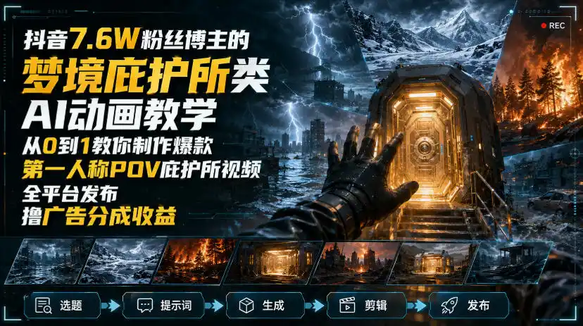 抖音7.6W粉丝博主的梦境庇护所类AI动画教学，从0到1教你制作爆款第一人称POV庇护所视频，全平台发布撸广告分成收益-天梦资源网
