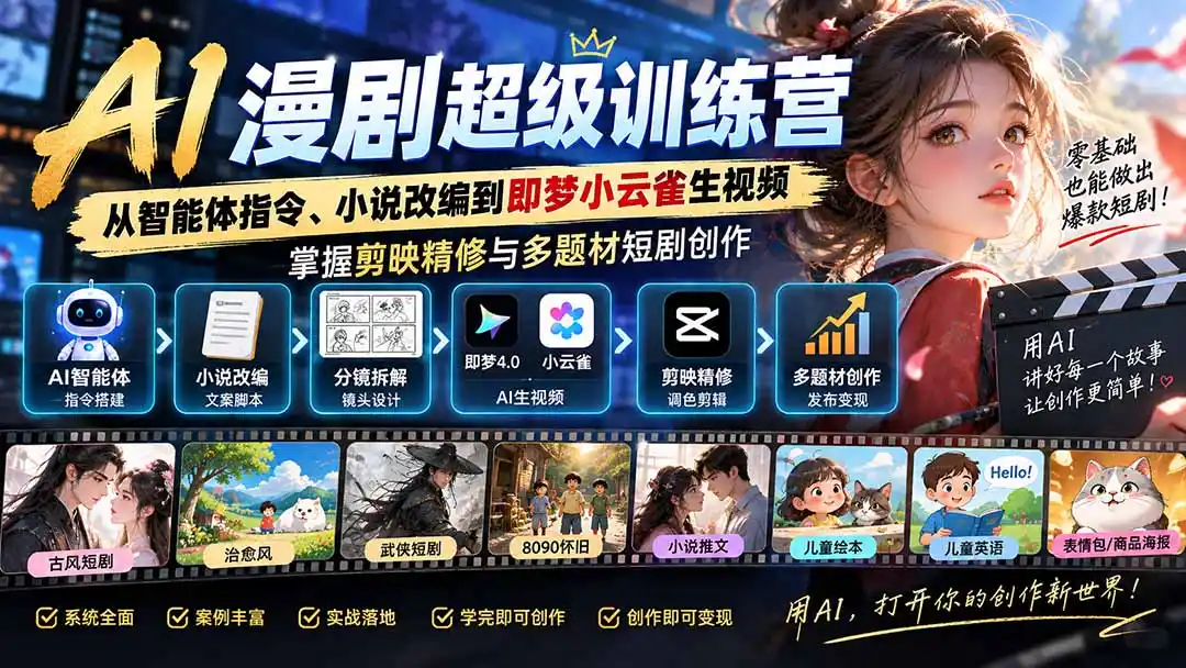 AI漫剧超级特训营：从智能体指令、小说改编到即梦小云雀生视频，掌握剪映精修与多题材短剧创作-天梦资源网
