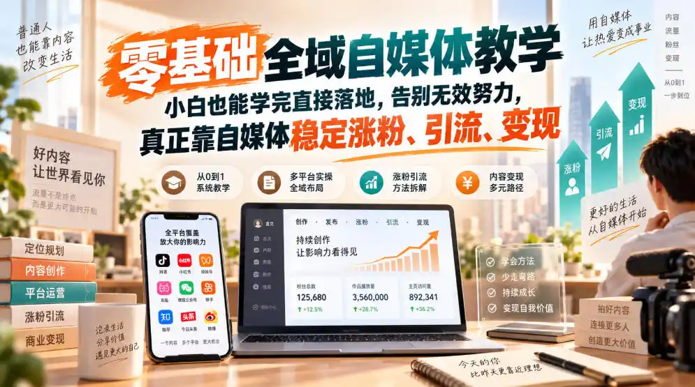 零基础全域自媒体教学，小白也能学完直接落地，告别无效努力，真正靠自媒体稳定涨粉、引流、变现-天梦资源网