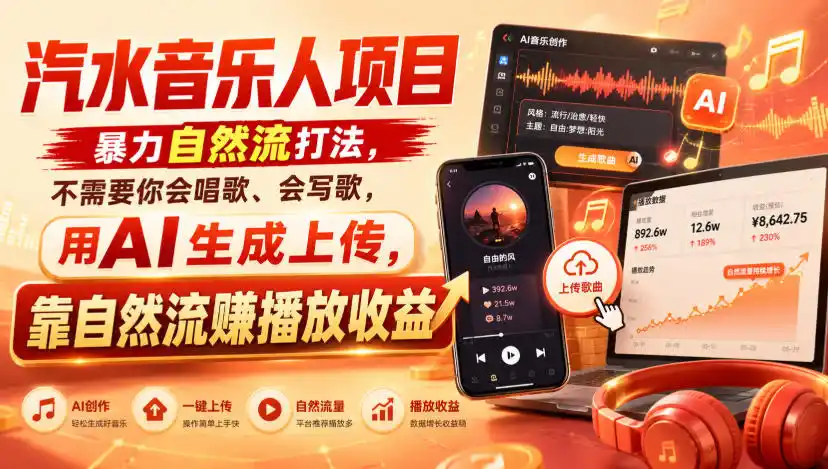 汽水音乐人项目，暴力自然流打法，不需要你会唱歌、会写歌，用AI生成上传，靠自然流賺播放收益-天梦资源网