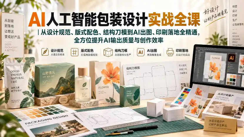 AI人工智能包装设计实战全课｜从设计规范、版式配色、结构刀模到AI出图、印刷落地全精通-天梦资源网