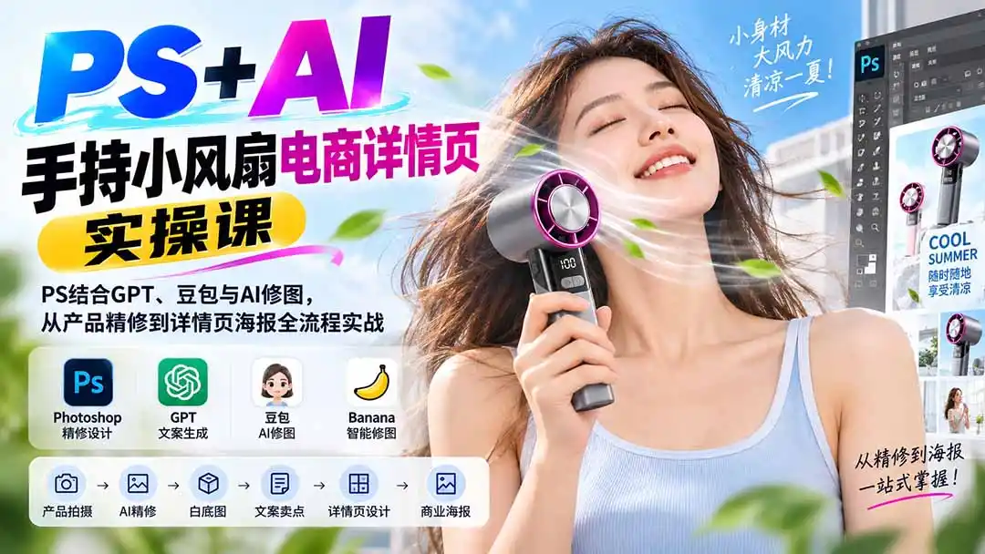 PS+AI手持小风扇电商详情页实操课：PS结合GPT、豆包与AI修图，从产品精修到详情页海报全流程实战-天梦资源网