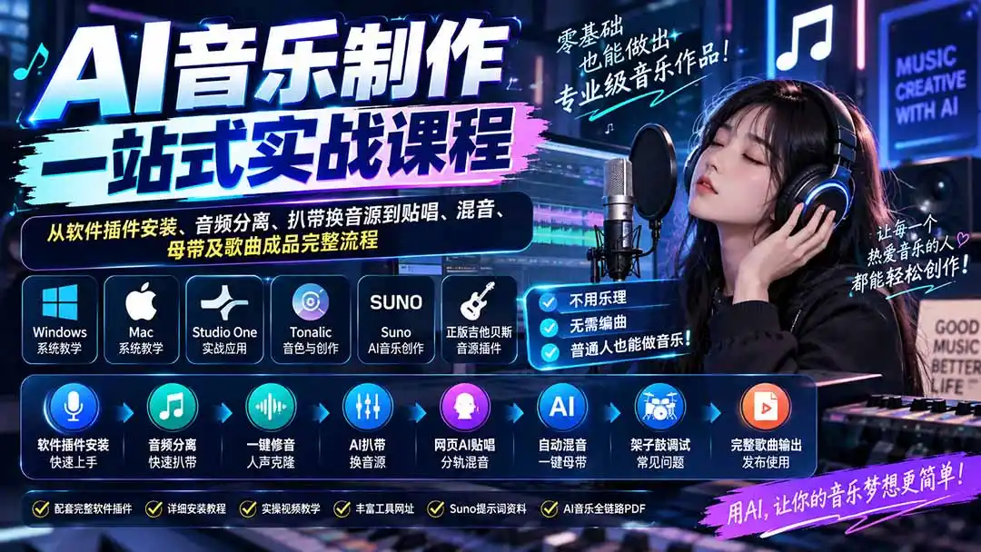 AI音乐制作一站式实战课程：从软件插件安装、音频分离、扒带换音源到贴唱、混音、母带及歌曲成品完整流程-天梦资源网